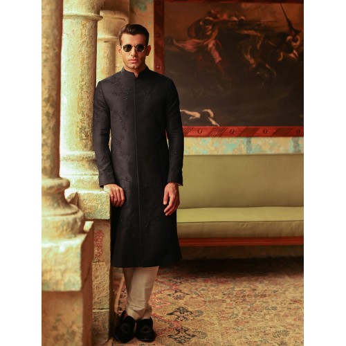 ZGMS1613 Black Raw Silk Sherwani