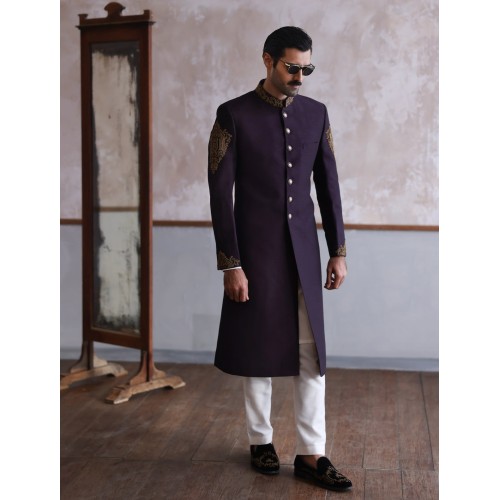 ZGMS1622 Dark Purple Raw Silk Sherwani