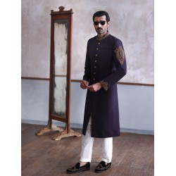 ZGMS1622 Dark Purple Raw Silk Sherwani