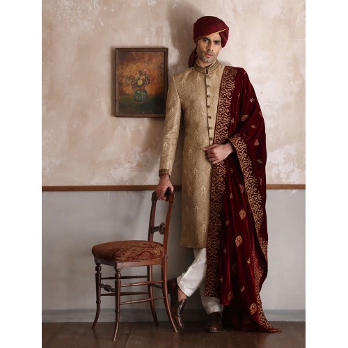 ZGMS1624 Beige Jacquard Sherwani