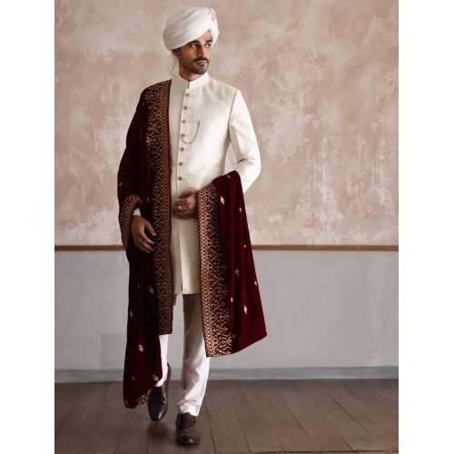 ZGMS1625 Off White Raw Silk Sherwani