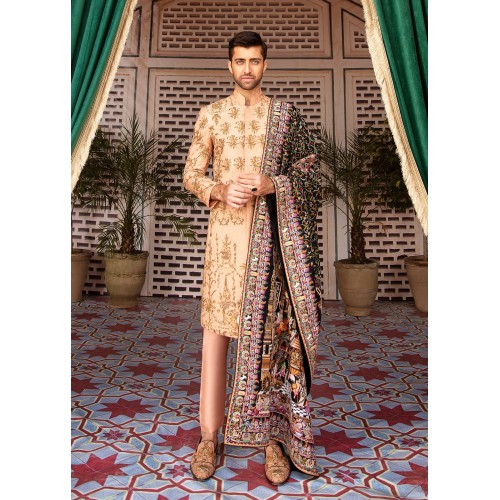 ZGMS1684 Peach Puff Karandi Jamawar Sherwani