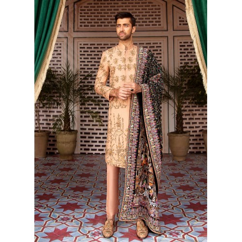 ZGMS1684 Peach Puff Karandi Jamawar Sherwani