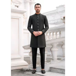 ZGMS1688 Black Silk Jamawar Sherwani