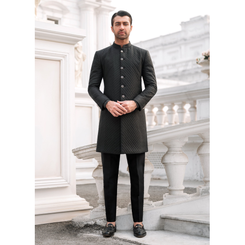 ZGMS1688 Black Silk Jamawar Sherwani
