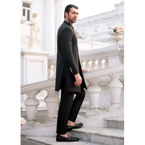 ZGMS1688 Black Silk Jamawar Sherwani