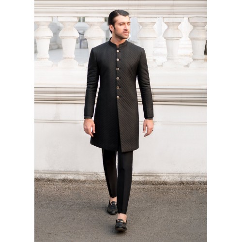 ZGMS1688 Black Silk Jamawar Sherwani