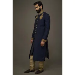 ZGMS1838 Dark Oxford Blue Jamawar Sherwani