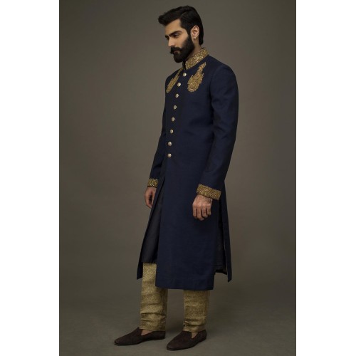 ZGMS1838 Dark Oxford Blue Jamawar Sherwani