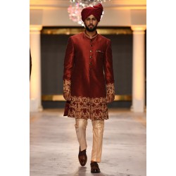 ZGMS1840 UP Maroon Raw Silk Sherwani