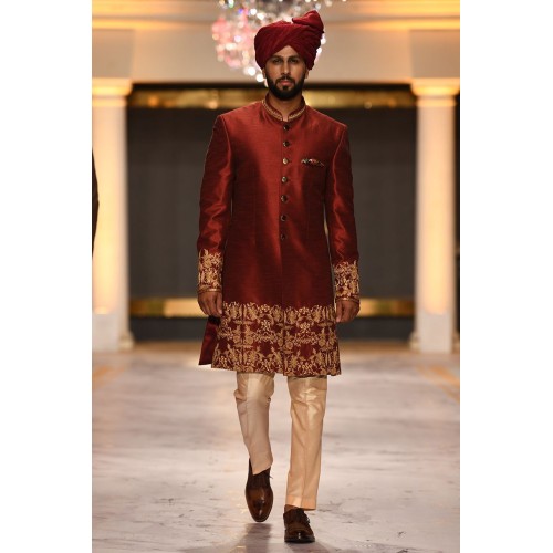 ZGMS1840 UP Maroon Raw Silk Sherwani