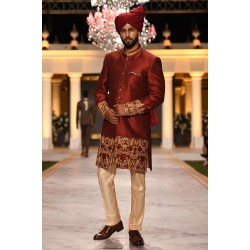 ZGMS1840 UP Maroon Raw Silk Sherwani