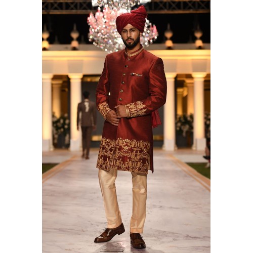 ZGMS1840 UP Maroon Raw Silk Sherwani