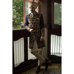 ZGMS1843 Navy Blue Raw Silk Sherwani