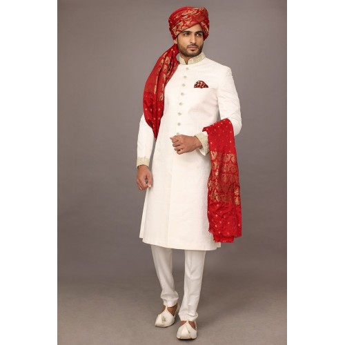 ZGMS1845 White Jamawar Sherwani