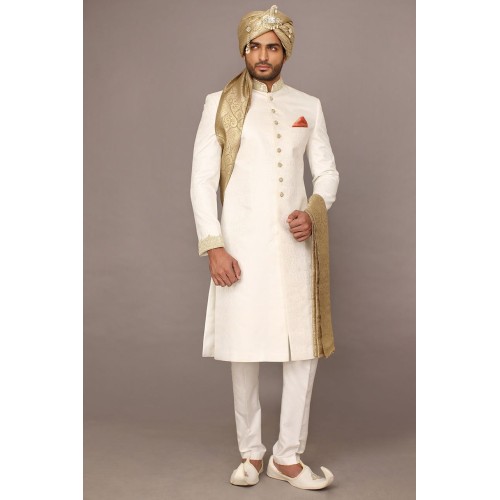 ZGMS1845 White Jamawar Sherwani