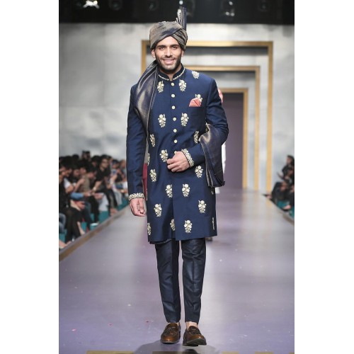 ZGMS1849 Blue Khaadi Silk Sherwani