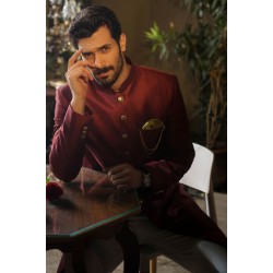 ZGMS1851 Maroon Raw Silk Sherwani