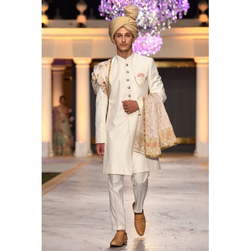 ZGMS1855 White Raw Silk Sherwani