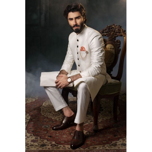 ZGMS1855 White Raw Silk Sherwani