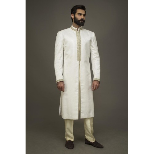ZGMS1861 White Jamawar Sherwani