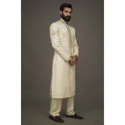 ZGMS1862 Off White Jamawar Sherwani