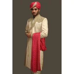 ZGMS1863 Off White Jamawar Sherwani