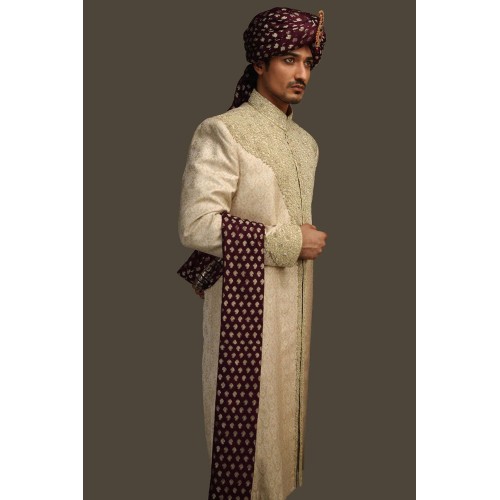 ZGMS1864 Off White Jamawar Sherwani