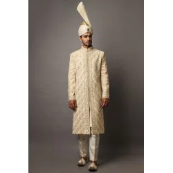 ZGMS1865 Off White Jamawar Sherwani