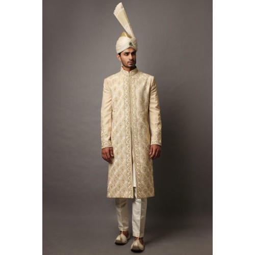 ZGMS1865 Off White Jamawar Sherwani