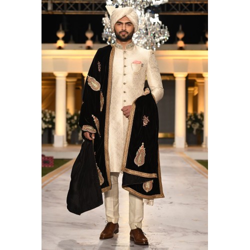 ZGMS1867 Off White Jamawar Sherwani