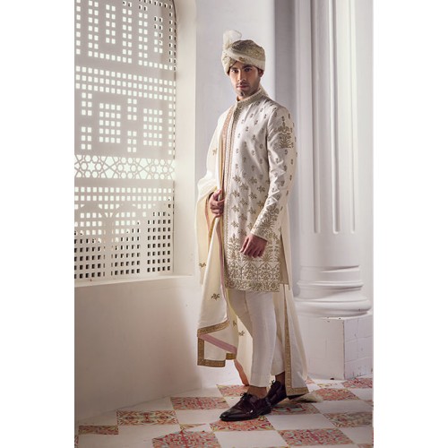 ZGMS1876 Off White Raw Silk Sherwani