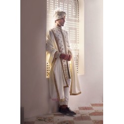 ZGMS1876 Off White Raw Silk Sherwani