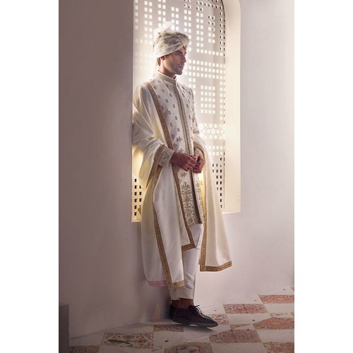 ZGMS1876 Off White Raw Silk Sherwani