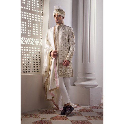 ZGMS1876 Off White Raw Silk Sherwani