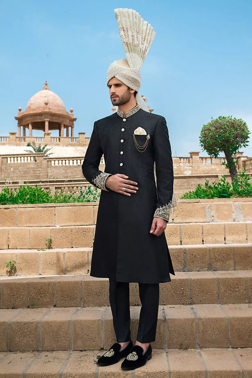 ZGMS1881 Black Jamawar Sherwani