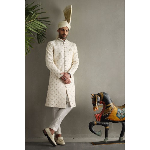 ZGMS1885 Off White Jamawar Sherwani