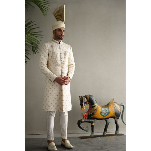ZGMS1885 Off White Jamawar Sherwani