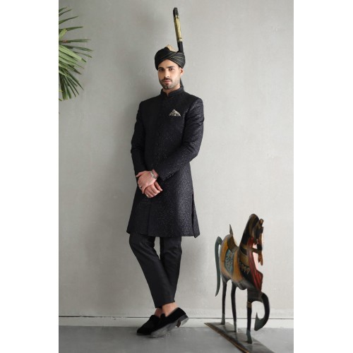 ZGMS1887 Black Jamawar Sequined Sherwani