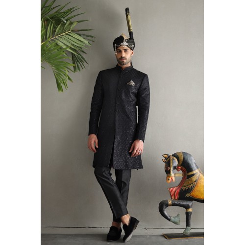 ZGMS1887 Black Jamawar Sequined Sherwani