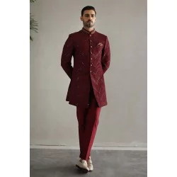 ZGMS1888 Maroon Raw Silk Indo-Western Sherwani
