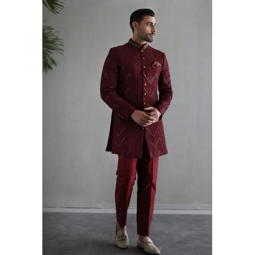 ZGMS1888 Maroon Raw Silk Indo-Western Sherwani
