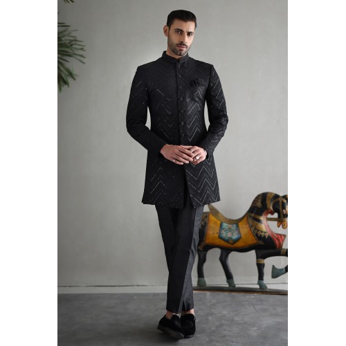 ZGMS1889 Black Raw Silk Sherwani
