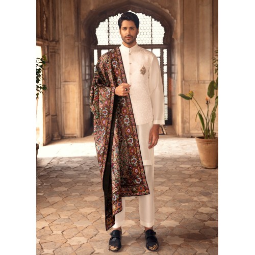 ZGMW1736 Off White Karandi Jamawar Waistcoat