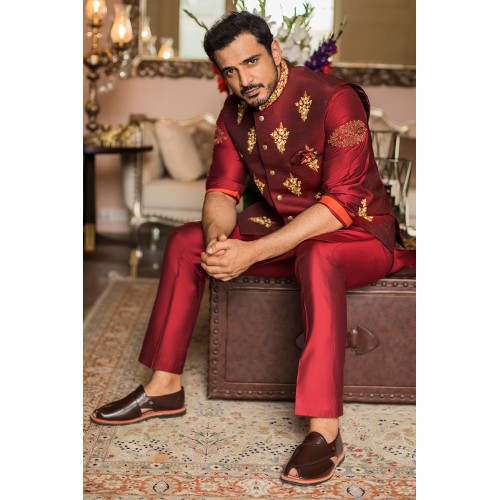 ZGMW1987 Maroon Raw Silk Waistcoat ZGMW1987 Maroon Raw Silk Waistcoat