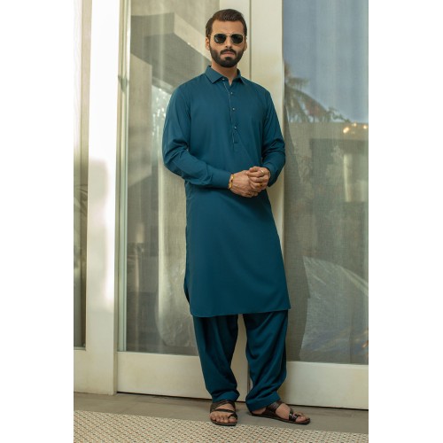 ZGMK2102 Dark Teal Boski Linen Kameez Shalwar