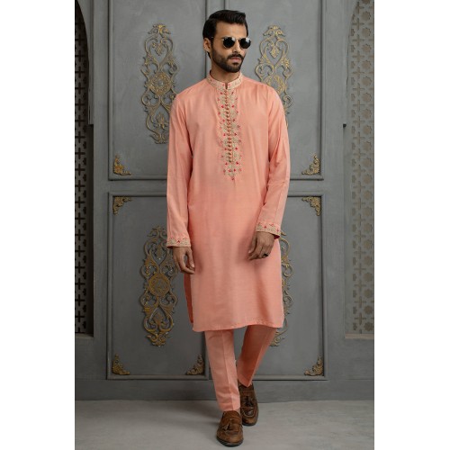 ZGMK2113 Dark Salmon Cotton Silk Kurta Pajama