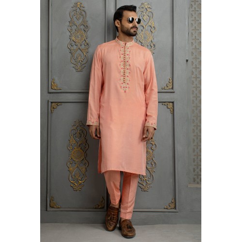 ZGMK2113 Dark Salmon Cotton Silk Kurta Pajama