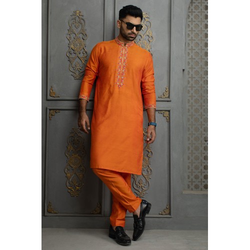 ZGMK2115 Orange Cotton Silk Kurta Pajama
