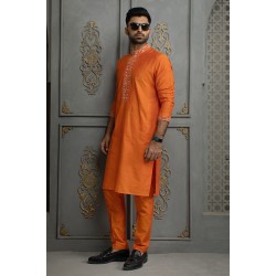 ZGMK2115 Orange Cotton Silk Kurta Pajama